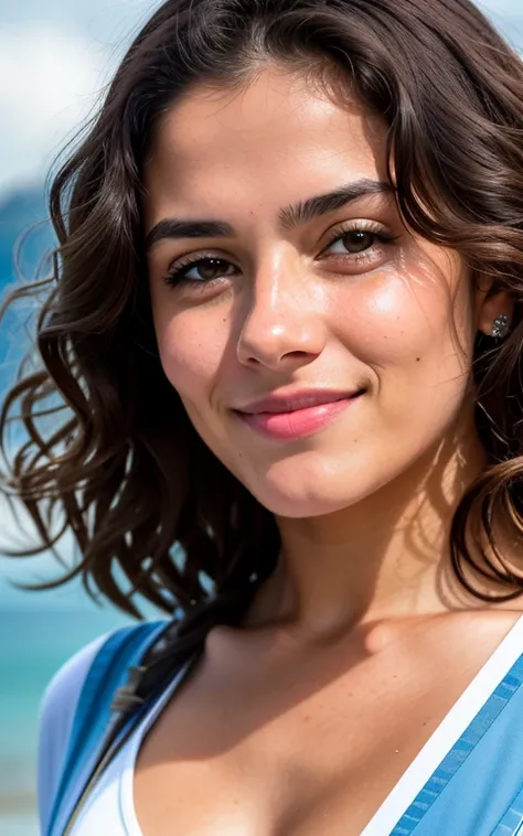 brazilan girl, in christ the redeemer, lit brunette, innocent face, natural wavy hair, , high resolution, artwork, best quality, intricate details, highly detailed, sharp focus, detailed skin, realistic skin texture, texture, detailed eyes, professional, 4...