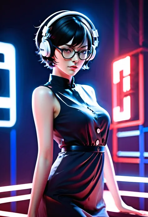 A original character, a adult woman, with a maternal yet alluring gaze. Dressed formally with a touch of sportiness, wearing headphones and glasses. Short hair, strongly inspired by Tae Takemi from Persona 5. Striking a dynamic pose with multiple points of...