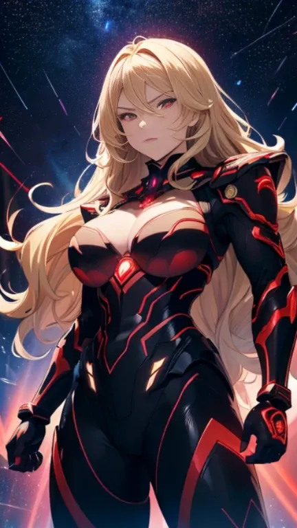 (Armed curvaceous and strong muscular warlord woman), ((voluminous wavy blonde hair)), glowing red eyes, ((On her chest、Comes with high-tech glowing dark red stars。)), Sophisticatedディテール, (Sophisticated, High tech and futuristic wearing black:70 and dark r...