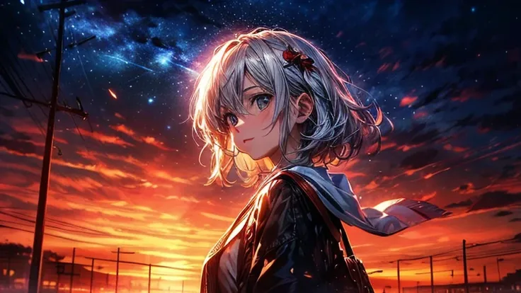 ((masterpiece, In 8K, High resolution, realistic)), (masterpiece, side light, fine and beautiful eyes: 1.2), ((Vision)), anime style, 1 female, anime characters in a scene with a sky background, yournameの映画スタイル, Stills in TV anime, yourname, night sky, sta...