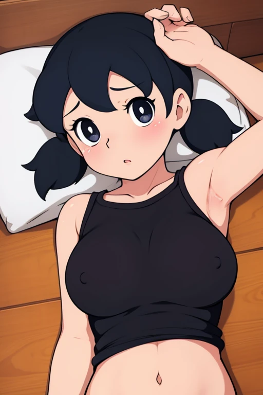 1girl, solo, cute, blush, (aroused), slim, black hair, twintails, short twintails, (on back, sleepy), upper body, large breasts, nude, nipples, trembling, bed, (perfect detailed anatomy, beautiful face&eyes, perfect body)