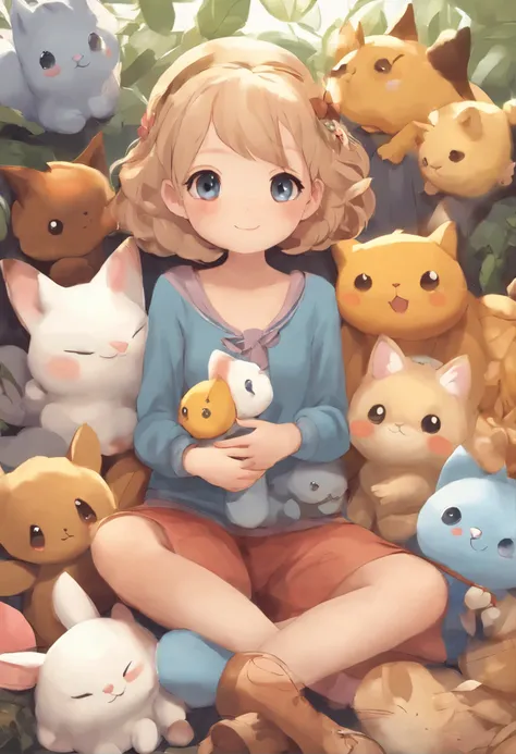 Anime girl with lots of stuffed animals and a cat, Lindo arte digital detallado, por Ryan Yee, Lindo estilo de arte, Adorable pintura digital, Lindo arte digital, lindas ilustraciones detalladas, digital anime illustration, 3D render arte oficial, Arte ofi...