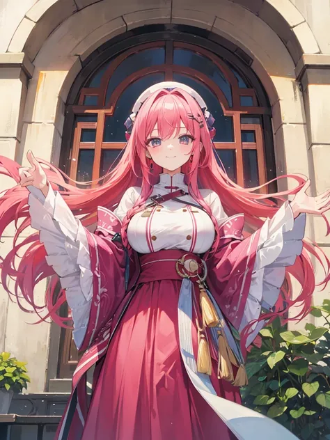 couple，A woman with long hair and a man with braids，pink haired woman，red haired man，smile，big breasted woman，Super detailed，official art，anime art style