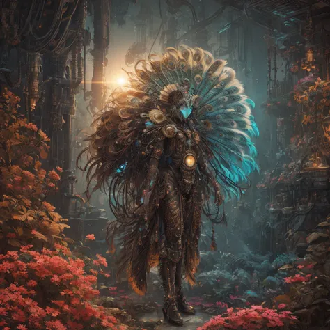 biomechanical indian peacock with mechanical feathers and mechanical indian peacock body in steampunk style, robotic peacock legs, Colorful, atmosphere of acrylic bubbles and flowers, ferrofluids, water distortion. looking up, highly detailed object, diffi...