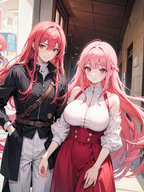 couple，A woman with long hair and a man with braids，pink haired woman，red haired man，smile，big breasted woman，good friends