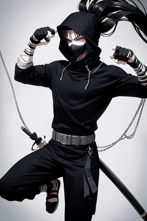 Ninja badass,:capuche noir,: homme 20 ans,: full face hidden,: Dismal forest,: bandage blanc au mains et au pieds,: katana dans main droite,:long t-shirt noir,: pantalon noir,: yeux vert,: bandages au jambes,:pas de ceinture,: