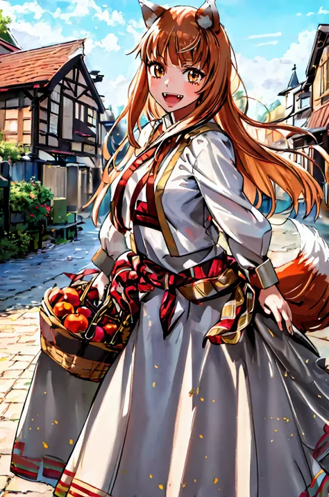 (holo:1.5), (holoBrownDress:1.5), masterpiece, best quality, absurdres, 1girl, looking at viewer, standing, cowboy shot, outdoors, medieval, cobblestone street, town, pouch, sash, smile, fruit, apple, basket,big breast, curvy, silver hair, white hair, full...