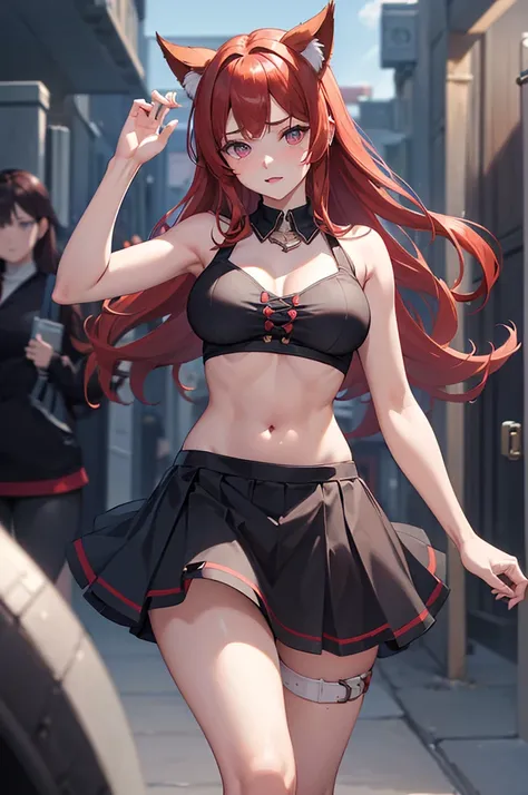 (masterpiece, best quality), best resoultion, (ultra-detailed), (3heads:1.5), 1girl, (kaenbyou rin:1.3), masterpiece, best quality, black top, crop top, ((stomach)), midriff, ((groin)), black skirt, normal ears, shackles, red hair, very long hair, wavy hai...