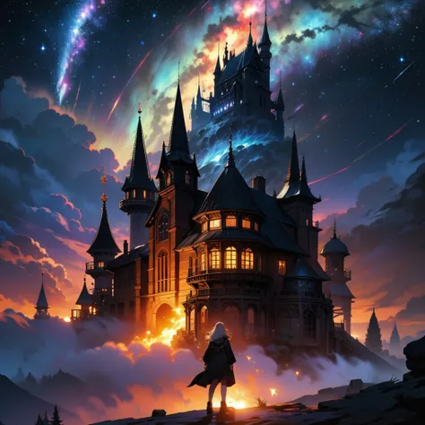 "A beautiful painting of an intricate log cabin with multiple bright stars, celestial cosmic sky, colorful cloud artwork by Caspar David Friedrich, Ivan Aivazovsky, James Gurney and Greg Rutkowski " 8k resolution holographic astral cosmic illustration mixe...