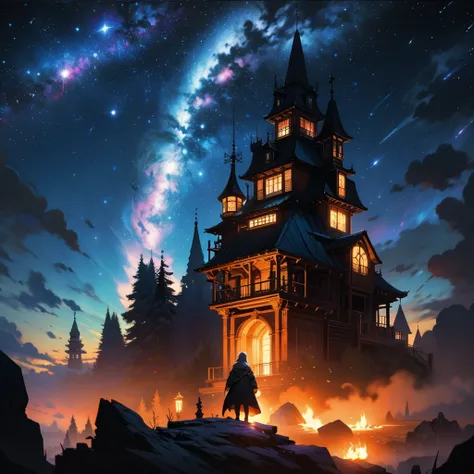 "A beautiful painting of an intricate log cabin with multiple bright stars, celestial cosmic sky, colorful cloud artwork by Caspar David Friedrich, Ivan Aivazovsky, James Gurney and Greg Rutkowski " 8k resolution holographic astral cosmic illustration mixe...