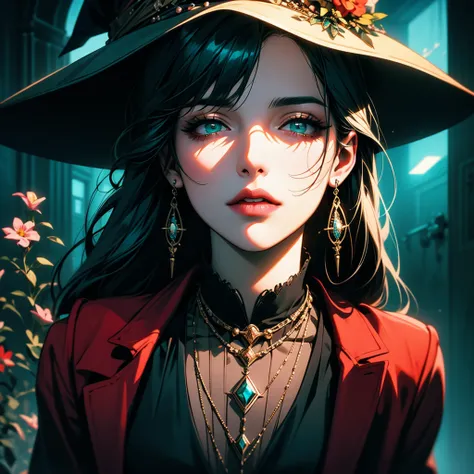 full body portrait of beautiful alluring closing eyes female in red lingerii, realistic, pretty features, pretty face, Royo "Extremely detailed cinematic film still photography of centered manhwa portrait of magic teal witch wearing teal witch hat with tea...