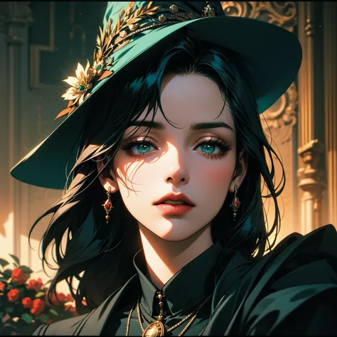 full body portrait of beautiful alluring closing eyes female in red lingerii, realistic, pretty features, pretty face, Royo "Extremely detailed cinematic film still photography of centered manhwa portrait of magic teal witch wearing teal witch hat with tea...