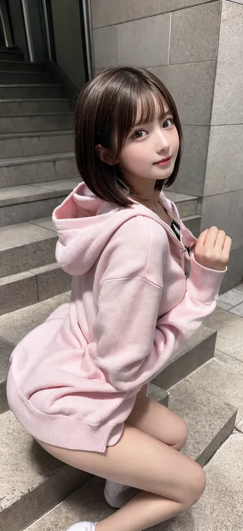 highest quality, High resolution, 4K, beautiful girl, 14 years old, looking at the camera, bob cut hair, realistic eyes, handsome face, blush, medium breasts, dynamic angle, naked body, pink hoodie, City staircase, Angle looking up from the bottom of the s...