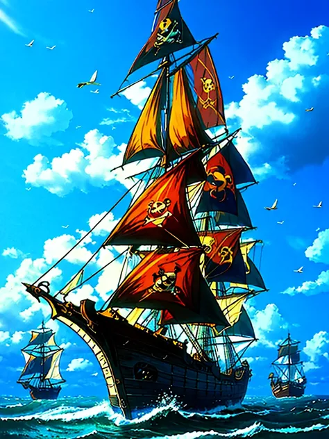 （（（masterpiece、Highest image quality、highest quality、highly detailed unity 8ｋwallpaper）））、（（fantasy、pirate ship、blue sail））、（Galleon、Wooden sailing ship）、港に停泊するpirate ship