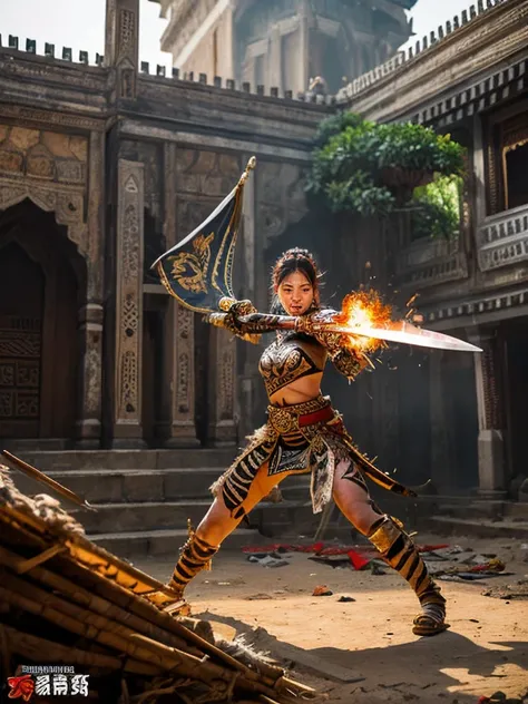 A beautiful Indonesian female warrior holding a sword, with a white tiger spirit emerging from her body and showing a fierce face. She is fighting against enemies in the courtyard of a palace, and there is a palace wall beside her. The scene is chaotic and...