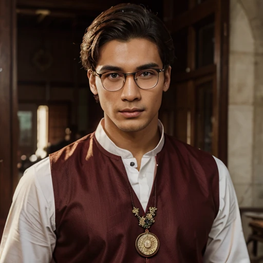 prompt -The Young Man (21 Years old) with glasses(handsome face), wearing myanmar traditional costumes, the hole body, holding a glass with alcohol and  standing beside his parrot and behind him display Bagan Palace 

realistic, hd, portrait, digital portr...