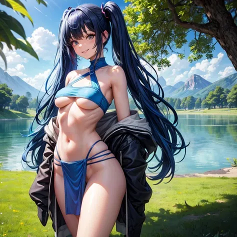 18歳女性が1 person、 blue hair、bangs、Wearing a loincloth、underboob、cute smile、Small butt、Parks with lakes、Full-body photos,Dark blue hair with twin tails,1 person、anime girl,slender body、M-shaped legs spread