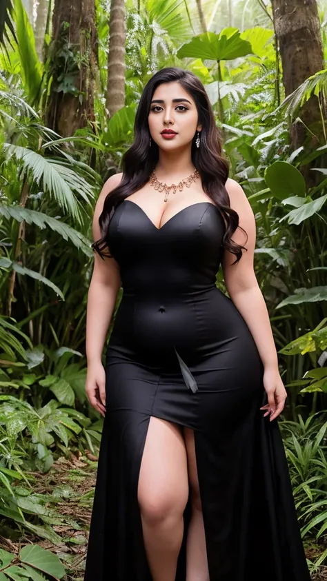 Srabanti Chatterjee bengali actress beautiful actress sexy curvy plus size model woman in a Black Bridal Fallen Angel Devil Vampire Witch Dress in jungle, manga mala necklace ornament in necklace for wedding, Head Jewelry for wedding, busty, small curvy, m...