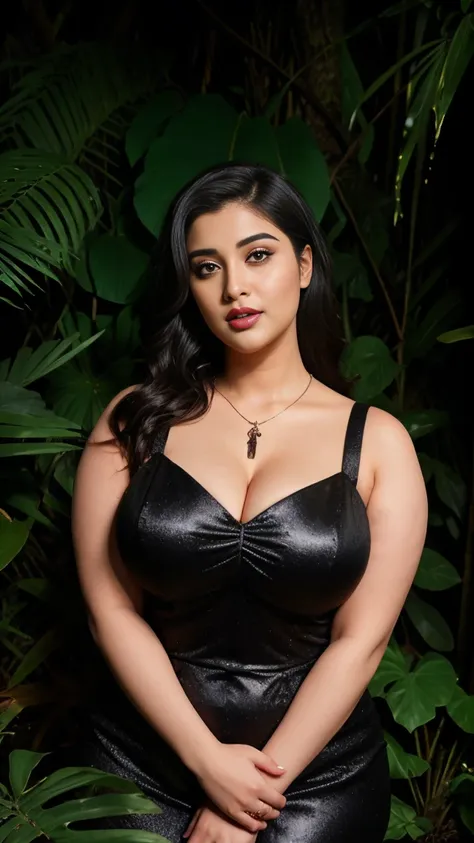 Srabanti Chatterjee bengali actress beautiful actress sexy curvy plus size model woman in a Black Bridal Fallen Angel Devil Vampire Witch Dress in jungle, manga mala necklace ornament in necklace for wedding, Head Jewelry for wedding, busty, small curvy, m...