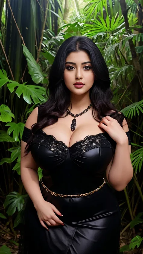 Srabanti Chatterjee bengali actress beautiful actress sexy curvy plus size model woman in a Black Bridal Fallen Angel Devil Vampire Witch Dress in jungle, manga mala necklace ornament in necklace for wedding, Head Jewelry for wedding, busty, small curvy, m...