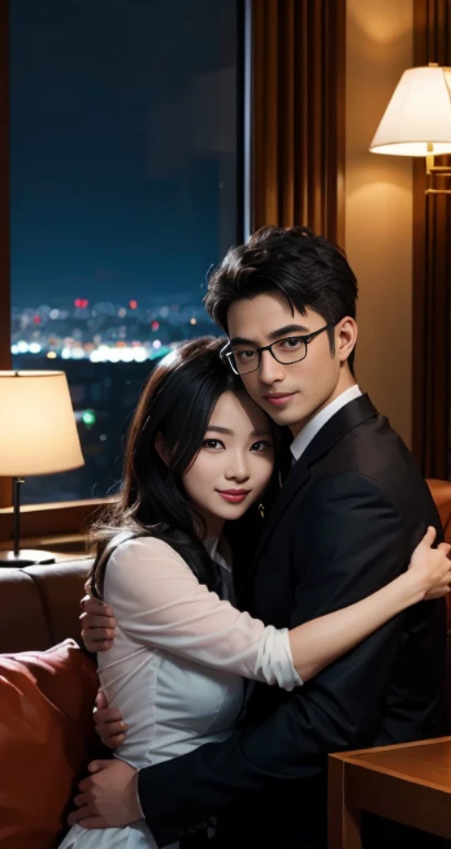 40 years old、Japanese、male、30 years old、woman、black tabby glasses、suit、Gorgeous hotel、Room with night view、sit on the sofa、gentle smile、womanの胸を触る、Back hug、赤いカクテルドレスのwoman