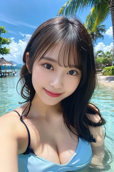 highest quality, High resolution, ultra High resolution, (Photoreal: 1.4), 20-year-old, japanese women, looking at camera, cute round face, smile, bikini, (super big breasts), Wet, black hair, float in the water, My underwear sticks out a little, tropical ...