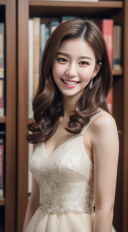 ((Best quality, 8k, Masterpiece :1.3)), 1girl, Heather Kim smiling, full body, slim face, Pretty woman, (Dark brown hair), full length dress :1.1, Ultra-detailed face, Detailed eyes, Double eyelid, blur background, slim face, in library