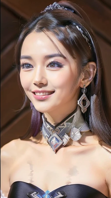 ((Best quality, 8k, Masterpiece :1.3)), 1girl, Heather Kim smiling, full body, slim face, Pretty woman, (Dark brown hair), full length dress :1.1, Ultra-detailed face, Detailed eyes, Double eyelid, blur background, slim face, in library