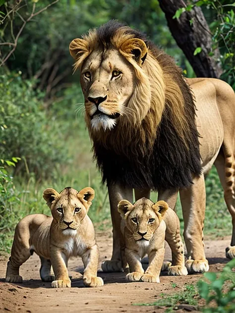 a lion with lioness and two cubs in the jungle