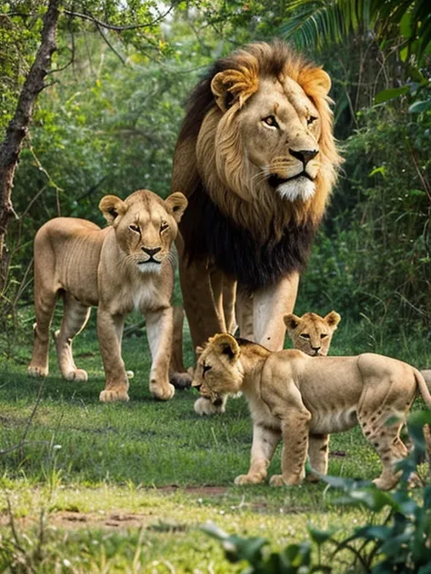 a lion with lioness and two cubs in the jungle