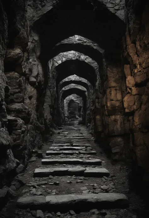 Mine corridor, dark, unsettling, weak light, rugged stones, high detail, underground