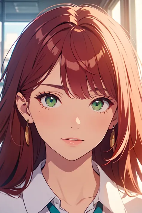 ((best quality)), ((masterpiece)), (detailed), perfect face, woman wearing office clothes, red hair, long hair, green eyes,