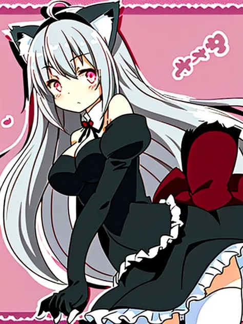 Anime girl with gray hair and cat ears，ruby eyes，is shy，Blushlush，mediuml breasts，white stockings，bshoulders，shift dresses，the sideview，hight contrast，the soft light，tmasterpiece，Extraordinarily good