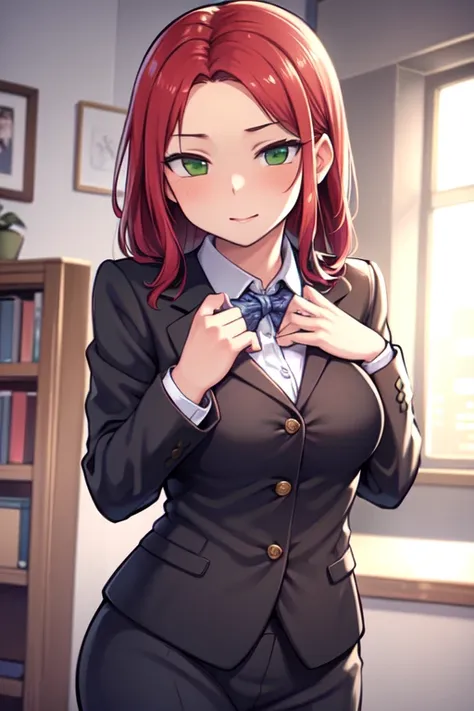 ((best quality)), ((masterpiece)), (detailed), perfect face, woman wearing office clothes, red hair, long hair, green eyes,