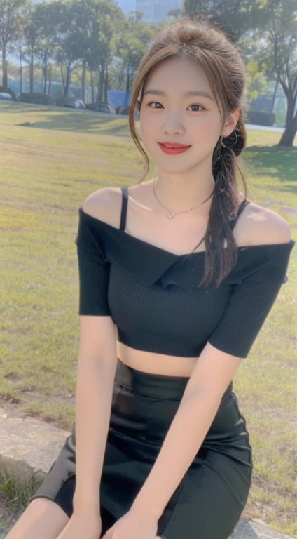 ((Best Quality, 8K, Masterpiece:1.3)), a beautiful girl, off-the-shoulder short sleeves, slit crop top skirt, high ponytail, black fluffy long straight hair, round black big eyes, clear big eyes, moist lips, sweet smile, sitting, pastoral background,