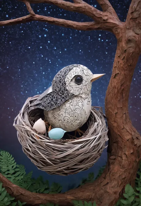 a newborn bird, the bird is abnormally fat and the nest located in a tree, breaks from the weight and the chick falls, in a forest, starry sky, zentangle, origami, cinematic, emotional, epic,....by my self...lol