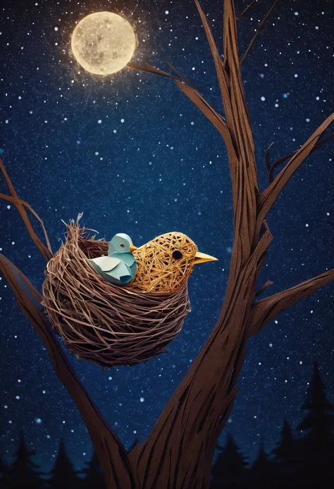 a newborn bird, the bird is abnormally fat and the nest located in a tree, breaks from the weight and the chick falls, in a forest, starry sky, zentangle, origami, cinematic, emotional, epic,....by my self...lol