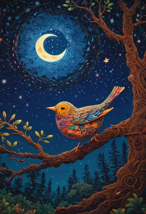 A newborn bird, abnormally fat, falls from its nest located in a tree. The chick plummeting through the air in a forest under a starry sky. The scene is depicted with intricate zentangle details, resembling origami. The artwork evokes a cinematic, emotiona...