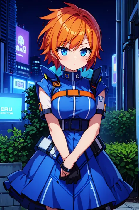 Girl with orange hair, In a blue cyberpunk outfit, In colorful meadows, At night