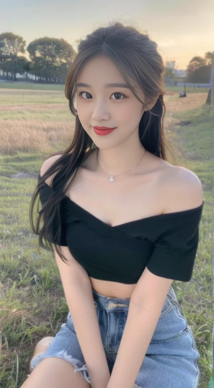 ((Best Quality, 8K, Masterpiece:1.3)), a beautiful girl, off-the-shoulder short sleeves, slit crop top skirt, high ponytail, black fluffy long straight hair, round black big eyes, clear big eyes, moist lips, sweet smile, sitting, pastoral background,