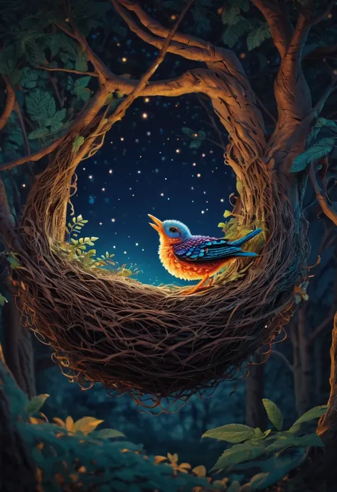 A newborn bird, abnormally fat, falls from its ((nest)) located in a tree. The chick plummeting through the air in a forest under a starry sky. The scene is depicted with intricate zentangle details, resembling origami. The artwork evokes a cinematic, emot...