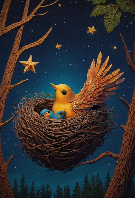 A newborn bird, abnormally fat, falls from its ((nest)) located in a tree. The chick plummeting through the air in a forest under a starry sky. The scene is depicted with intricate zentangle details, resembling origami. The artwork evokes a cinematic, emot...