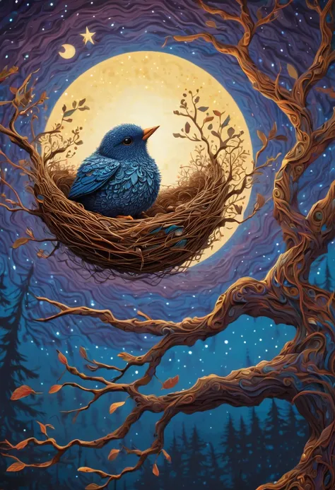 A newborn bird, abnormally fat, falls from its ((nest)) located in a tree. The chick plummeting through the air in a forest under a starry sky. The scene is depicted with intricate zentangle details, resembling origami. The artwork evokes a cinematic, emot...