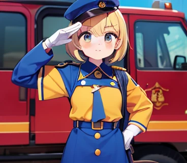 blonde hair , small tit , arafed woman in blue and orange uniform saluting for a fire truck, 