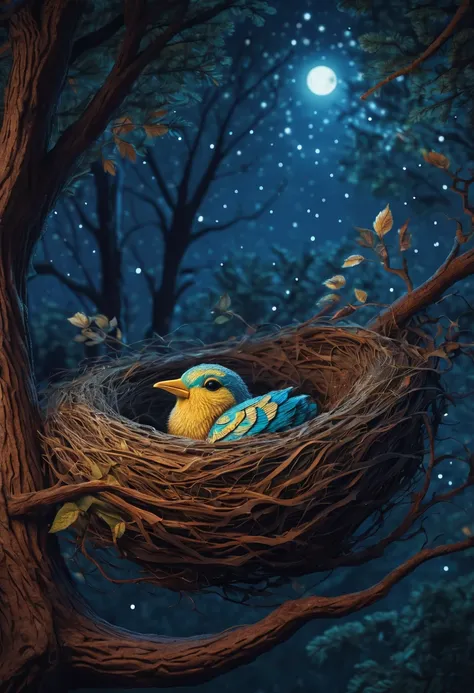 A newborn bird, abnormally fat, falls from its ((nest)) located in a tree. The chick plummeting through the air in a forest under a starry sky. The scene is depicted with intricate zentangle details, resembling origami. The artwork evokes a cinematic, emot...