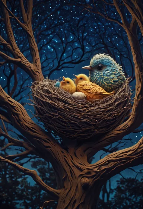 A newborn bird, abnormally fat, falls from its ((nest)) located in a tree. The chick plummeting through the air in a forest under a starry sky. The scene is depicted with intricate zentangle details, resembling origami. The artwork evokes a cinematic, emot...