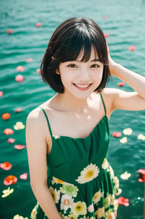 Beautiful and delicate portrait of playful cute girl with short boyish hair, black hair, Emerald Green Sea, naughty smile, Dancing petals, (highest quality, masterpiece, surreal) And petals floating in the background