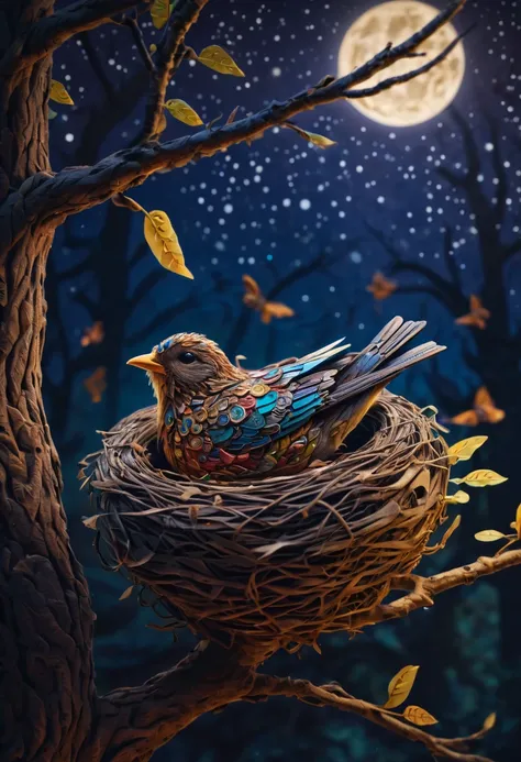 A newborn bird, abnormally fat, falls from its ((nest)) located in a tree. The chick plummeting through the air in a forest under a starry sky. The scene is depicted with intricate zentangle details, resembling origami. The artwork evokes a cinematic, emot...