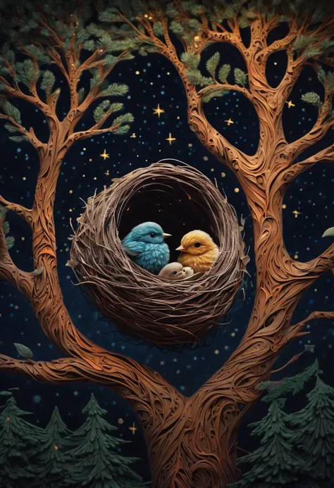 A newborn bird, abnormally fat, falls from its ((nest)) located in a tree. The chick plummeting through the air in a forest under a starry sky. The scene is depicted with intricate zentangle details, resembling origami. The artwork evokes a cinematic, emot...