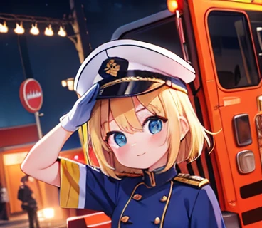 blonde hair , small tit ,at night,faced the front, arafed woman in blue and orange uniform saluting for a fire truck, 